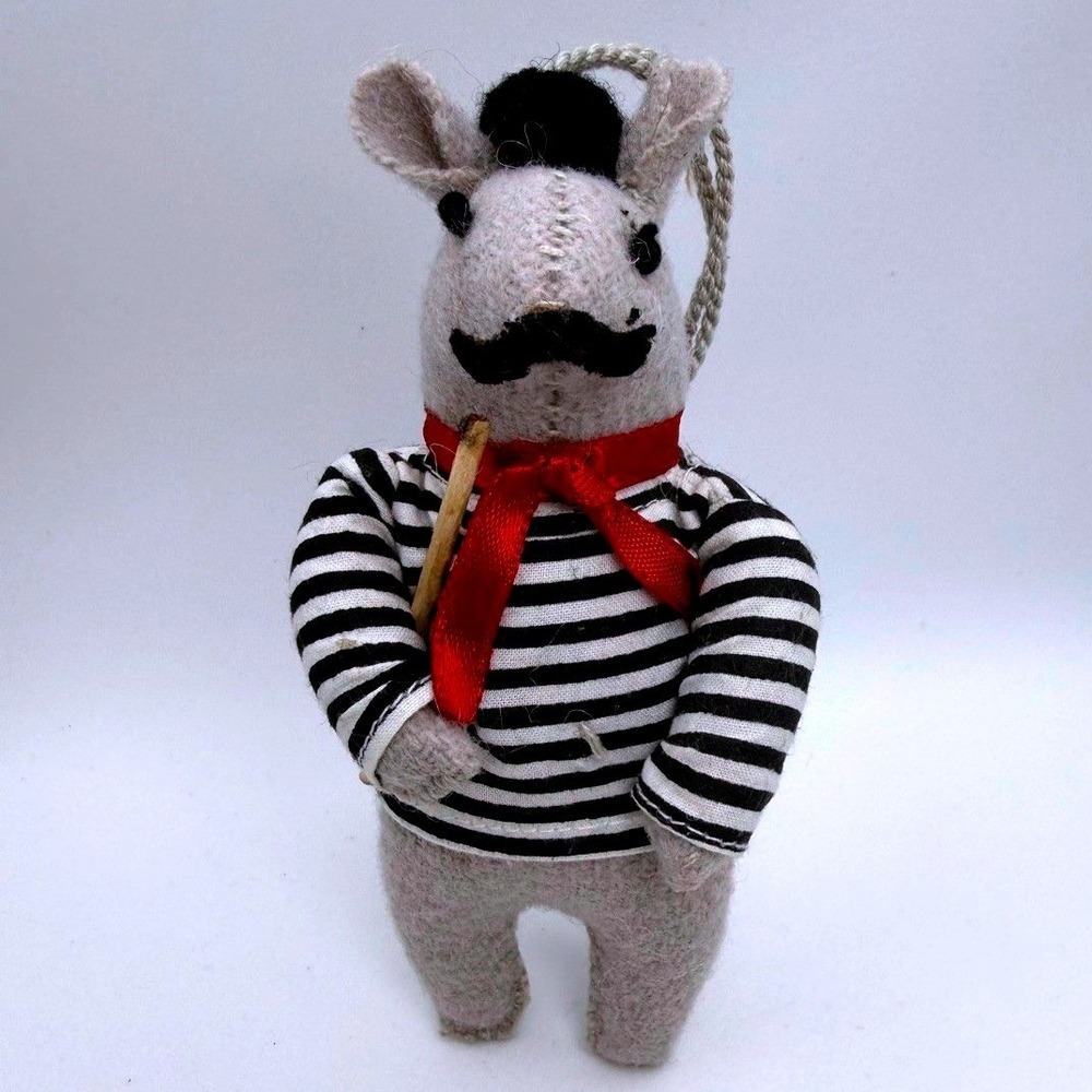 French Mouse Sailor Ornament Gray Felt Striped Shirt Beret Mustache 5in